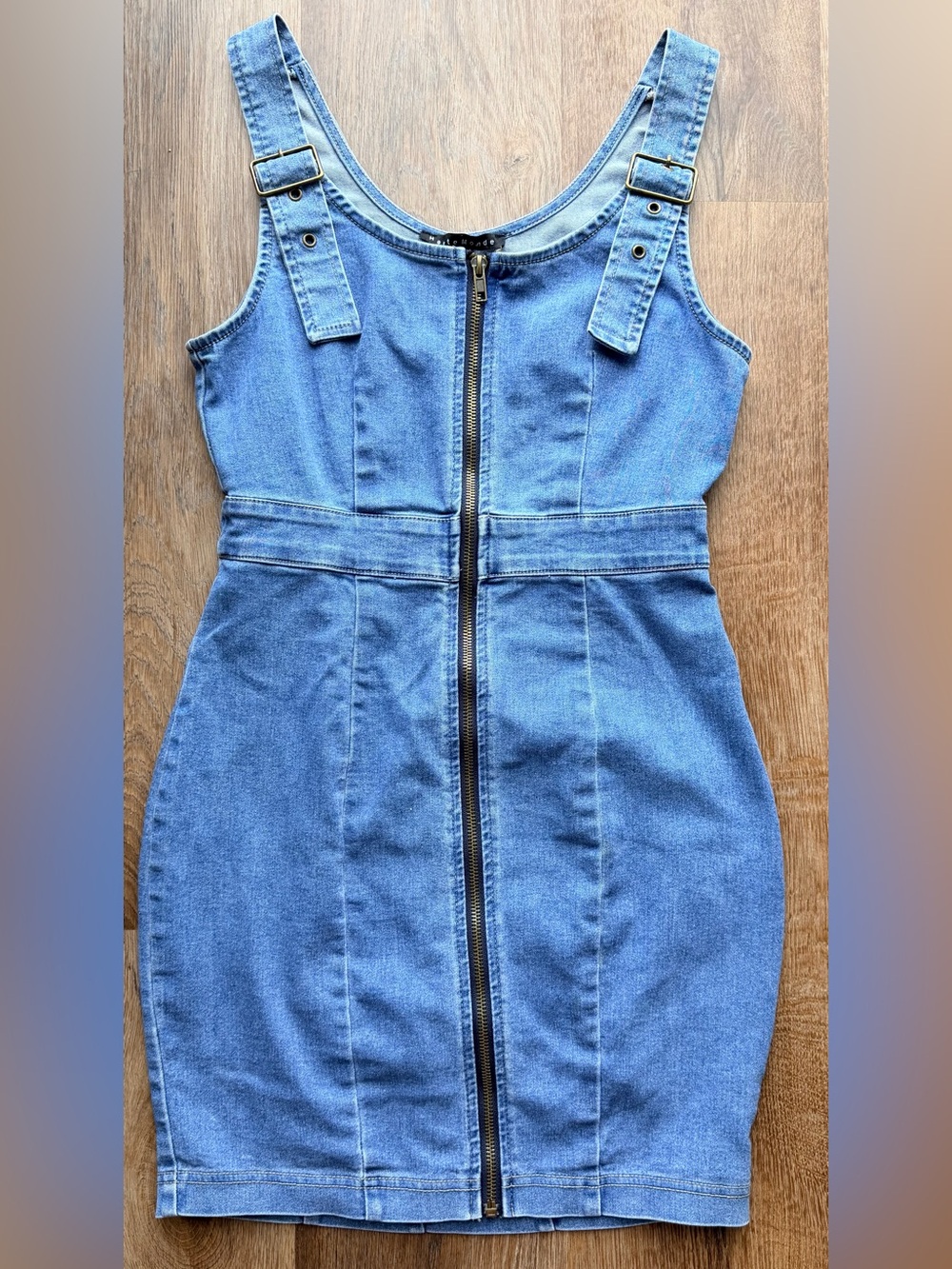 HAUTE MONDE | Denim Buckle Strap Mini Dress | Zip Front | Bodycon